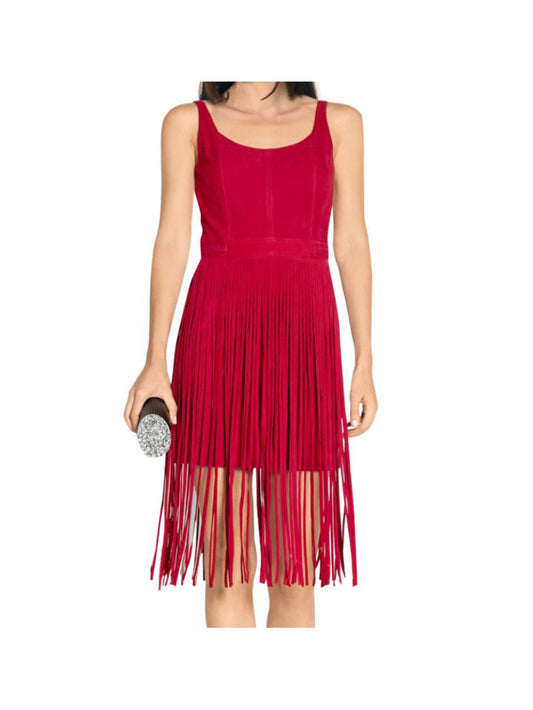Red Fringe Scoop-Neck Suede Leather Dress