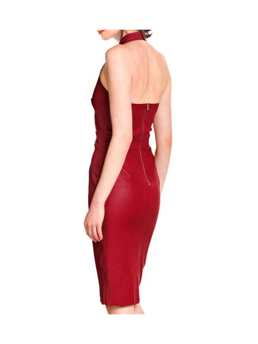 Rotes Neckholder-Lederkleid mit tiefem V-Ausschnitt
