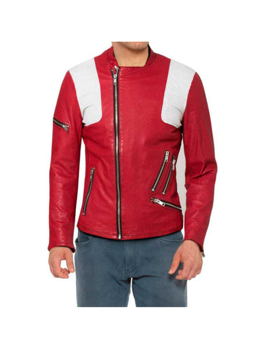 Veste de motard en cuir véritable rouge avec empiècements blancs pour homme
