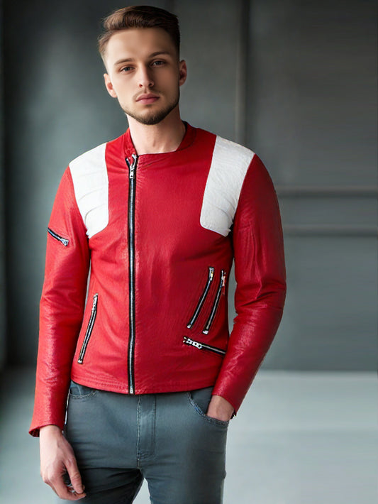 Red Genuine Leather Biker Jacket with White Panels for Men