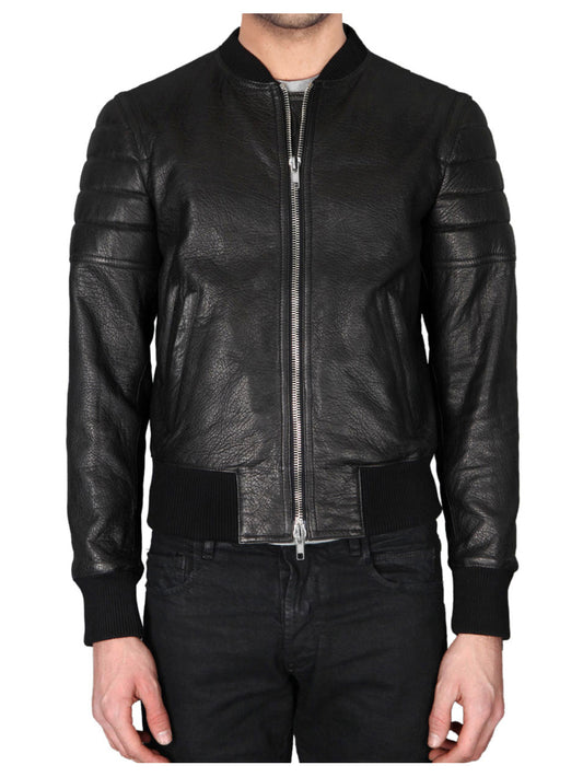 Veste de motard robuste en cuir véritable à détails côtelés pour homme