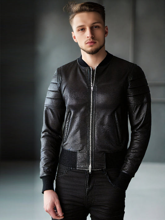Ribbed Detail Sturdy Genuine Leather Biker Jacket for Men