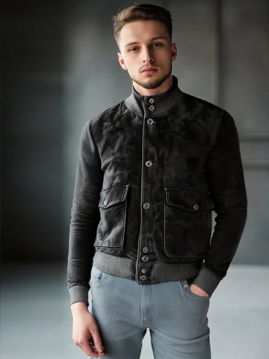 Ribbed Trim Suede Leather Bomber Jacket for Men
