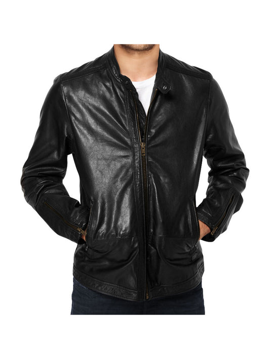 Veste de moto en cuir véritable à col rond pour homme
