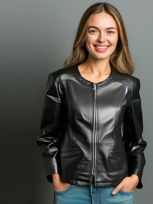 Round Neck Sleek Moto Leather Jacket