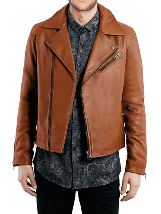Veste de motard asymétrique en cuir véritable avec fermeture éclair pour homme