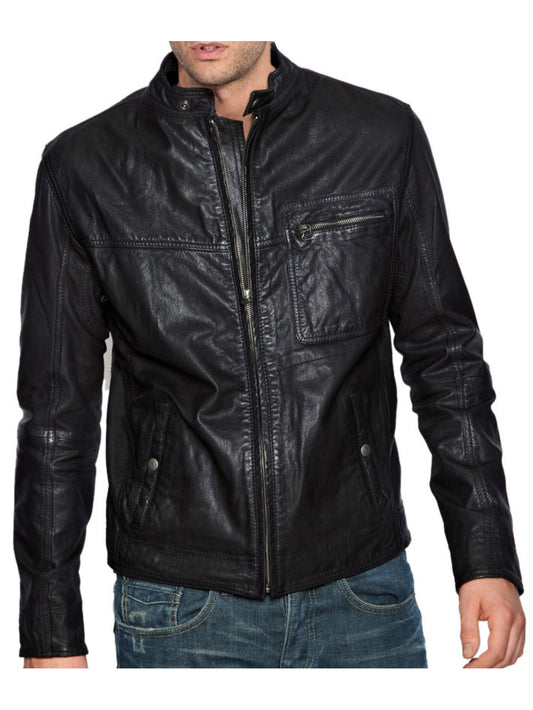 Veste de motard en cuir véritable de style robuste pour homme