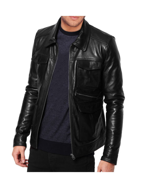 Veste en cuir décontractée à col chemise
