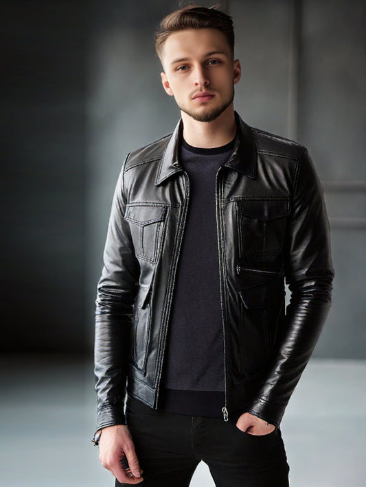 Shirt Collar Casual Leather Jacket