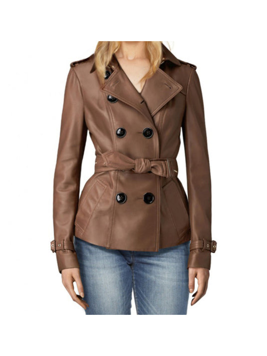 Short Double-Breasted Leather Coat for Women