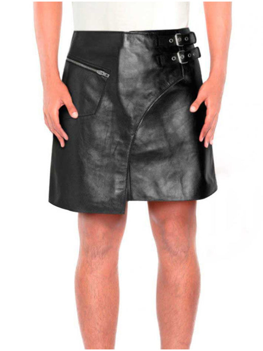 Kilt en cuir noir avec boucle latérale pour homme
