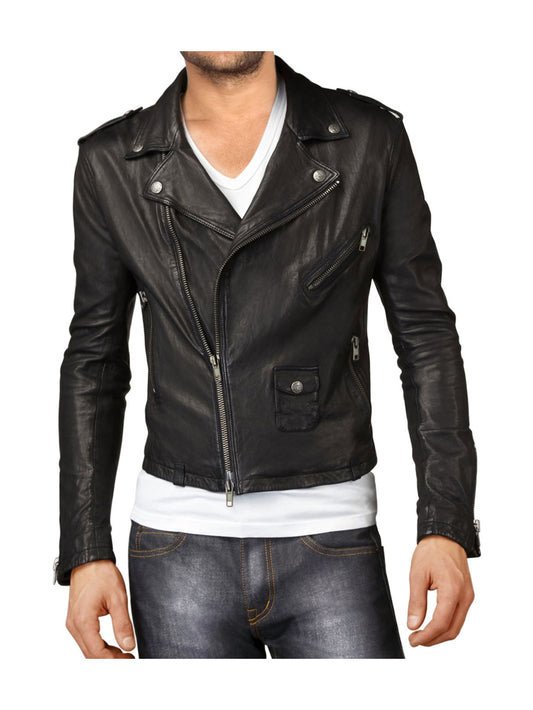 Veste tendance en cuir véritable avec fermeture éclair latérale pour homme