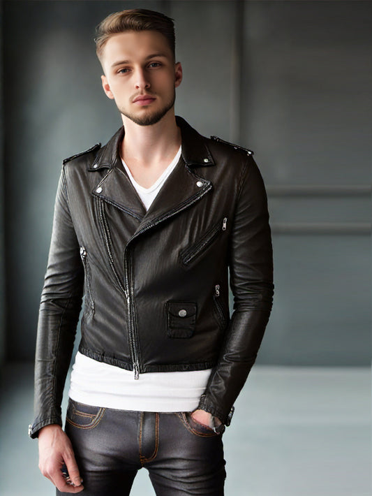 Veste tendance en cuir véritable avec fermeture éclair latérale pour homme