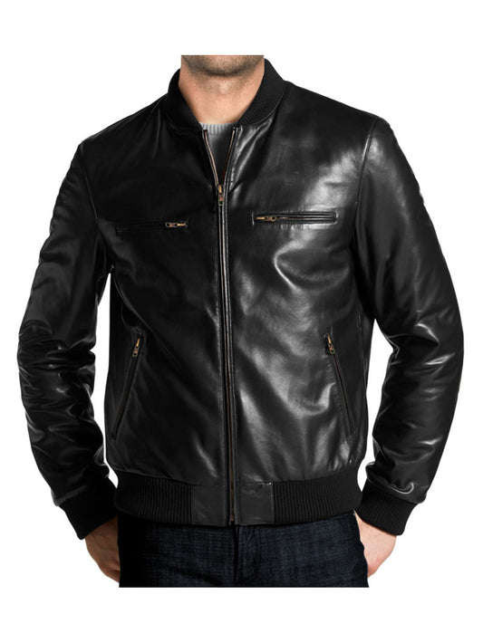 Simple Elegant Leather Bomber Jacket for Men