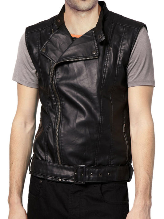 Veste de motard sans manches en cuir véritable pour homme