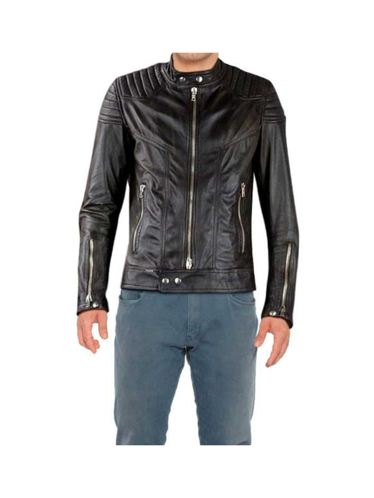 Veste de moto en cuir véritable noir coupe slim pour homme