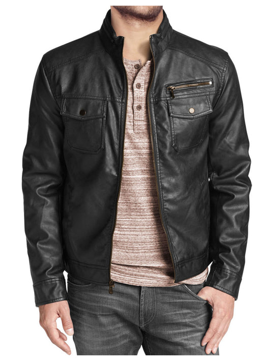 Veste de moto en cuir véritable coupe slim pour homme
