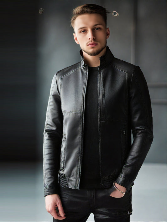 Manteau de moto en cuir coupe slim pour homme
