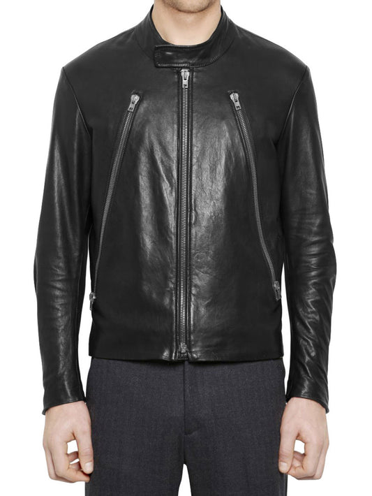 Veste en cuir à col à boutons-pression