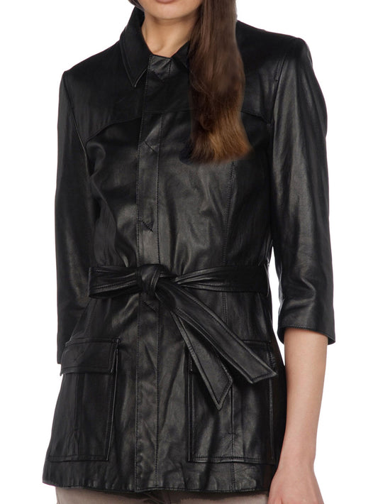 Snap Closure Sleek Leather Coat for Women