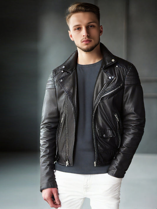 Snap Down Collar Trim Leather Biker Jacket