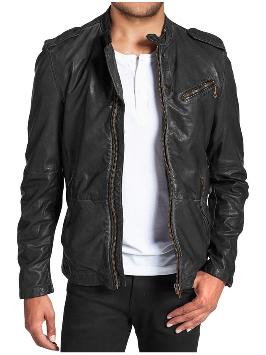 Veste de motard en cuir véritable avec épaulettes à pression pour homme