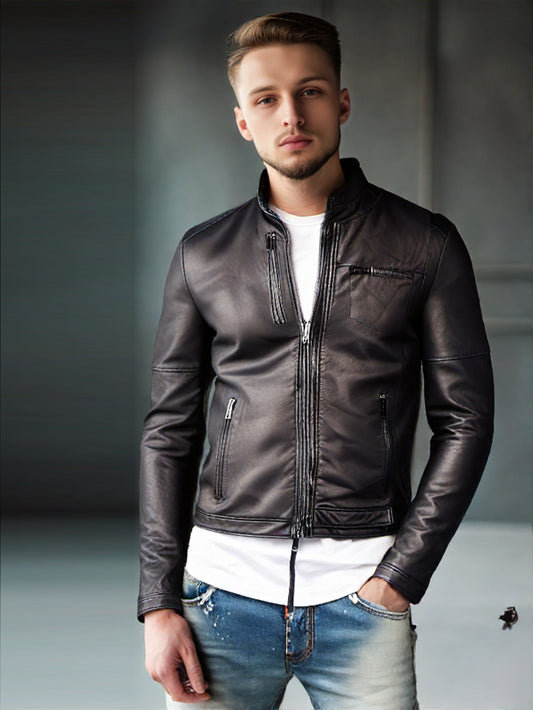 Snap Tab Leather Bomber Leather Jackets for Men