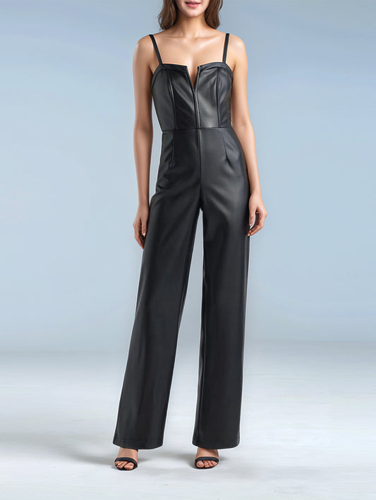 Sonya Chic Leather Wrap Leather Jumpsuit for Women