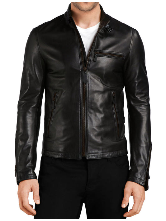Stand Collar Leather Bomber Jackets for Men