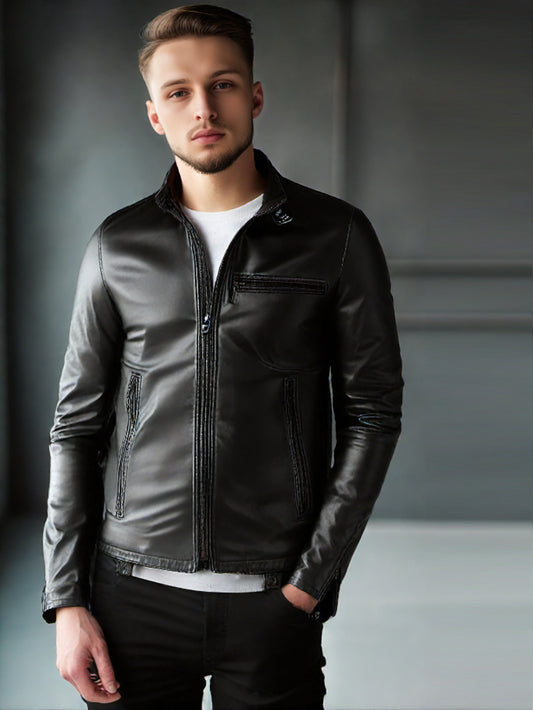 Stand Collar Leather Bomber Jackets for Men