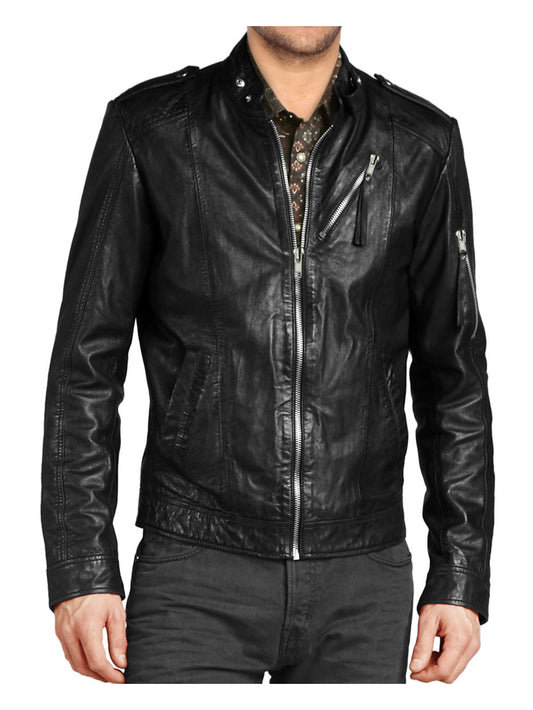 Veste de motard en cuir véritable à col montant pour homme