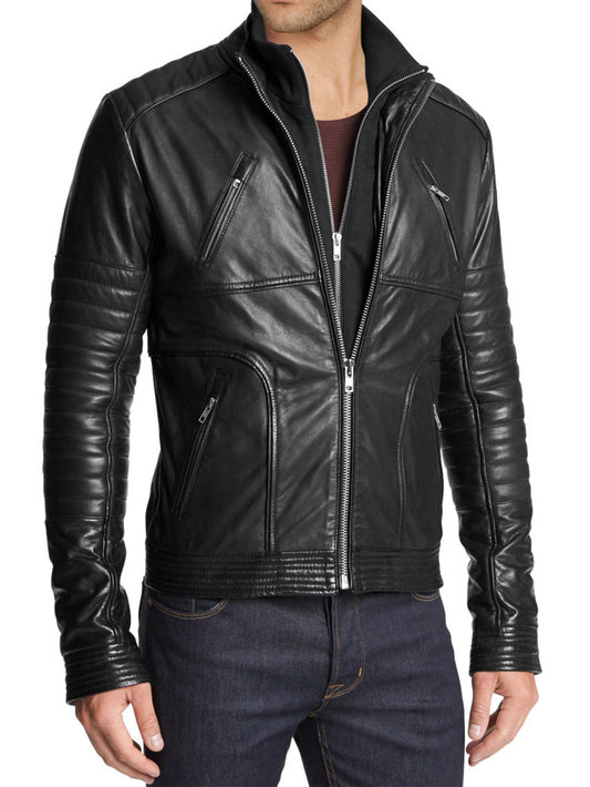 Veste de motard en cuir véritable avec détails cousus pour homme