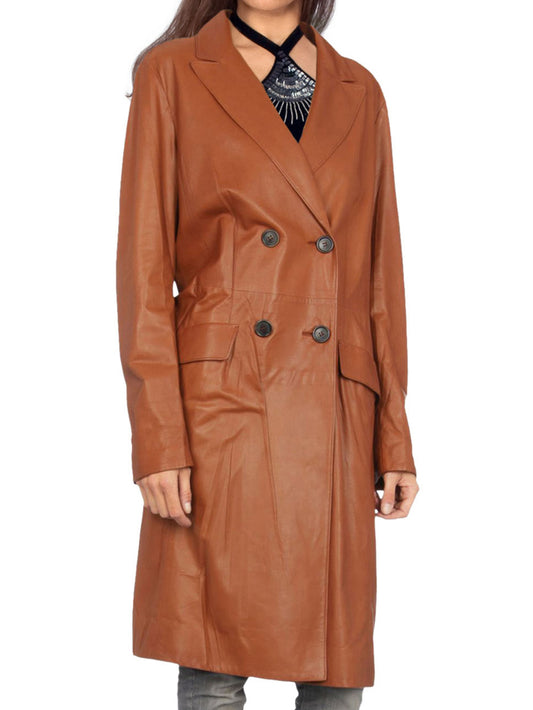 Stretch Luxe Double-Breasted Leather Coat for Women