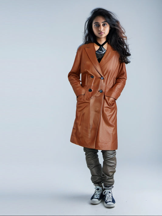 Stretch Luxe Double-Breasted Leather Coat for Women