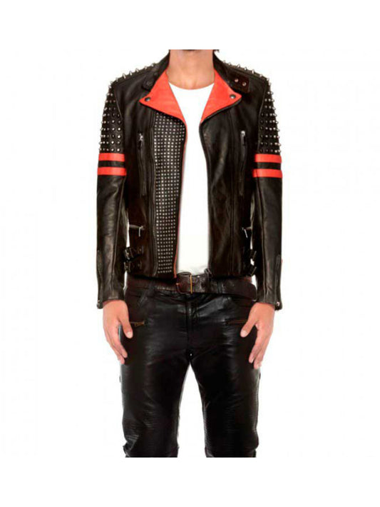 Veste de motard en cuir véritable clouté noir et rouge pour homme