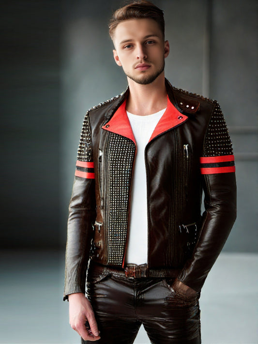 Studded Black & Red Biker Genuine Leather Jacket for Men