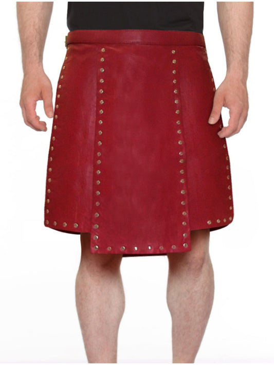 Studded Red Side-Buckle Leather Kilt for Men