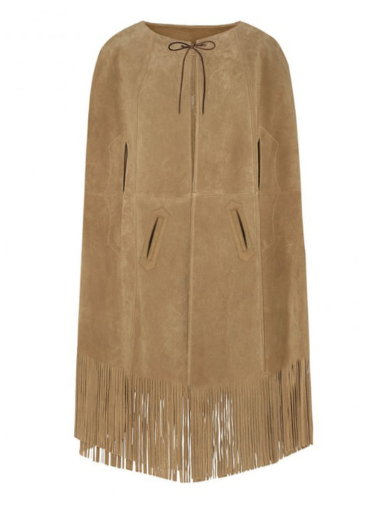 Suede Leather Cape with Fringe Detail Coat for Women