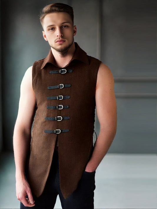 Suede Leather Gilet with Buckle Fastening for Men