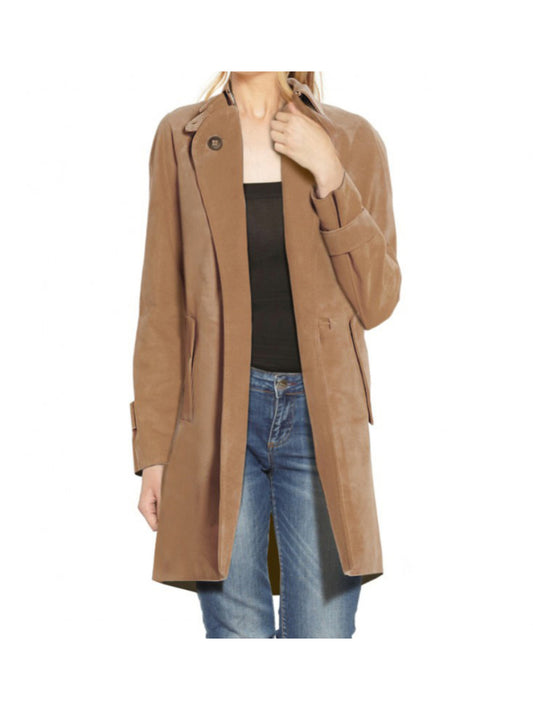 Suede Leather Trench with Throat Tabs for Women