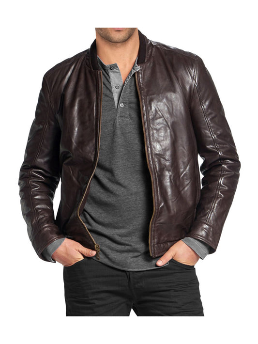 Supple Band Collar Leather Bomber for Men
