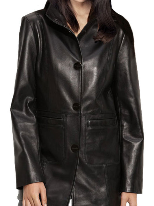 Three-Button Chic Leather Coat for Women