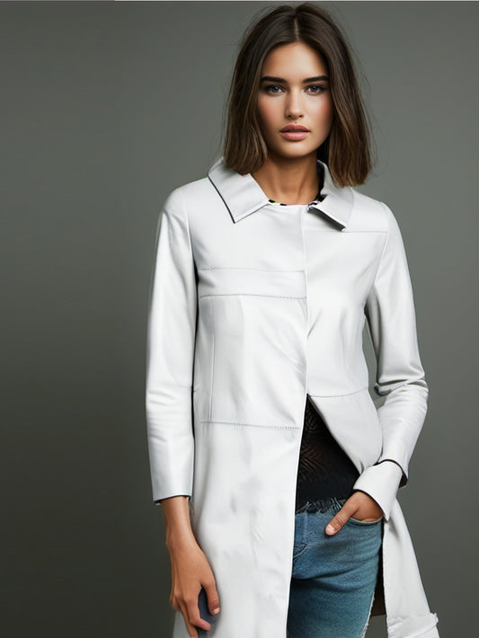 Three-Quarter Sleeve Formal Leather Coat for Women