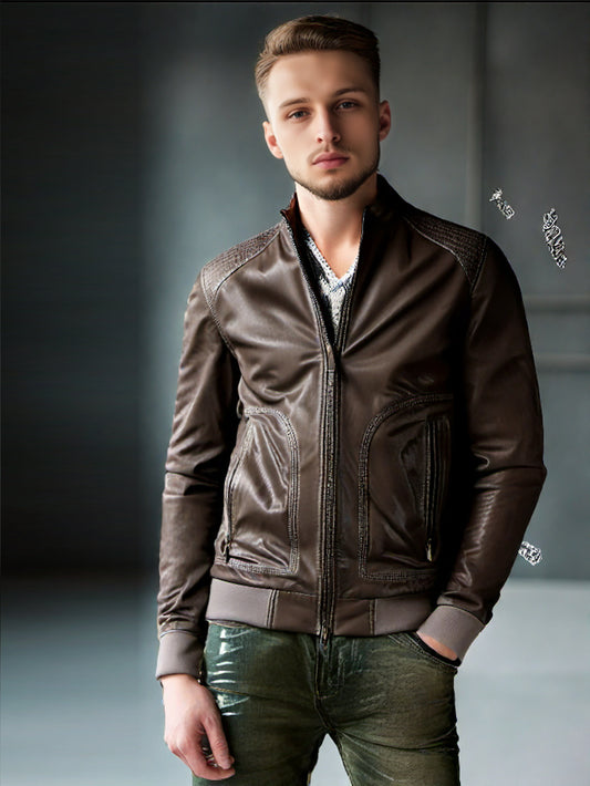 Tonal Stitch Trim Leather Bomber for Men