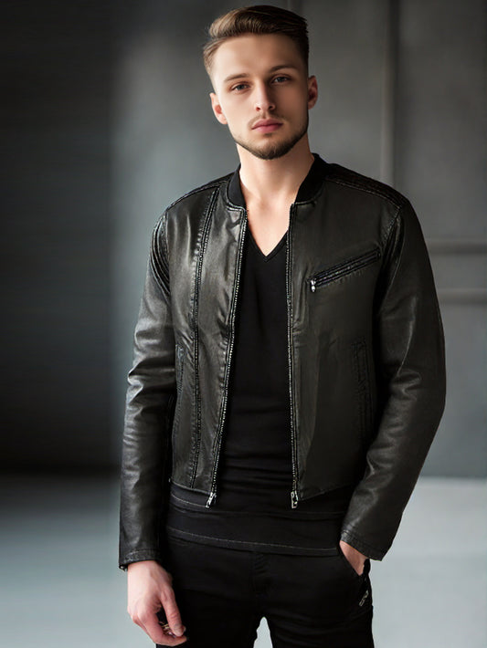 Trendy Chest Pocket Leather Biker Jacket