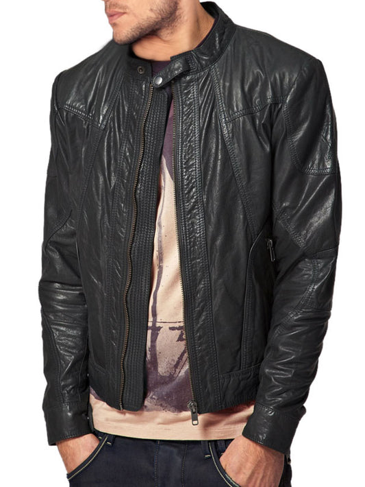 Veste en cuir à double fermeture éclair et empiècements cousus