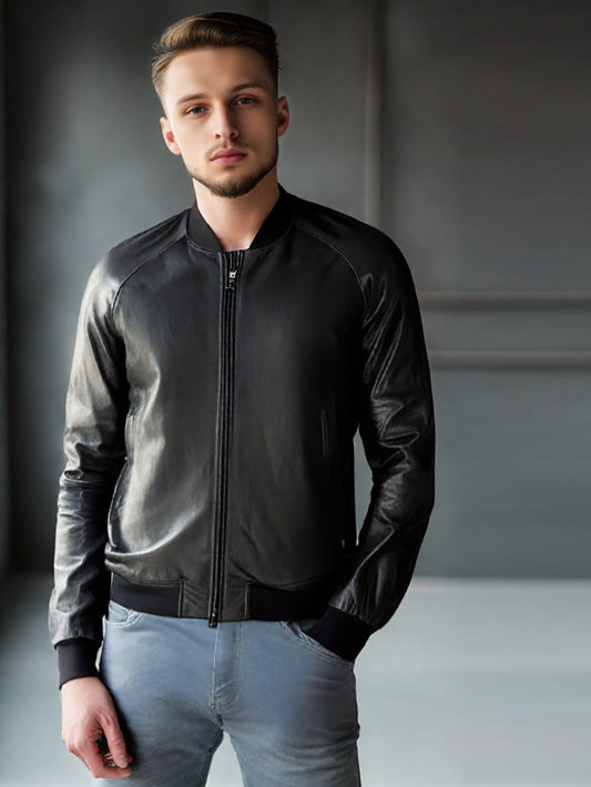 Two-Way Zip Suede Bomber Leather Jacket for Men