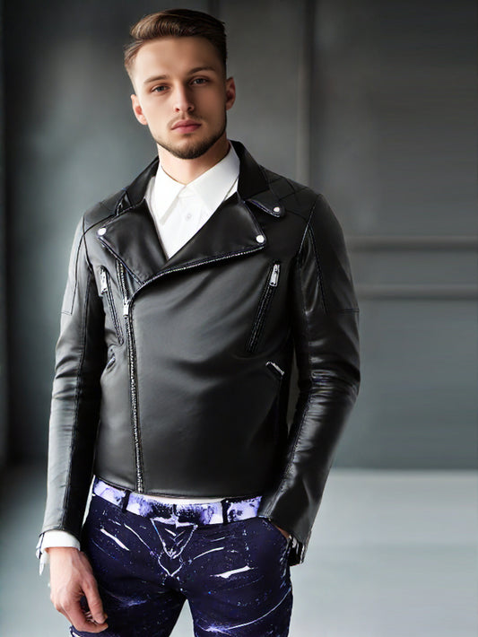 Utility Leather Biker Jacket with Zipper Pockets