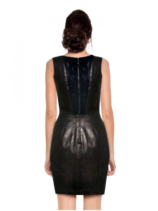 Schwarzes Lederkleid mit V-Ausschnitt