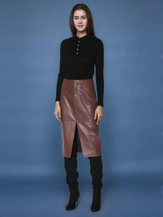 Walnut Classic Luxe Leather Skirt for Women